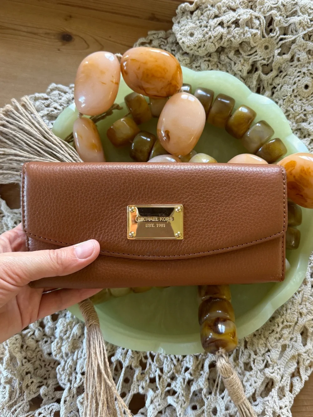 Michael Kors Cognac Pebbled Leather Continental Wallet with Gold Plaque